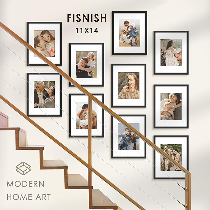 11x14 Picture Frame Sef of 10, Display Pictures 8x10 with Mat or 11 x 14 Without Mat, Photo Frame Collage for Wall Gallery Decor, Hanging or Tabletop Display, Black