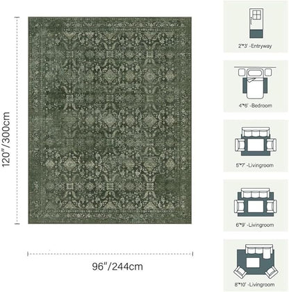 Rugxara 8x10 Area Rugs for Living Room Bedroom, Large Washable Rug, Green Vintage Floral Boho Rug, Non Slip & Low Pile Faux Wool Thin Carpet for Indoor Dining Room and Kids Room(Green 8x10ft)