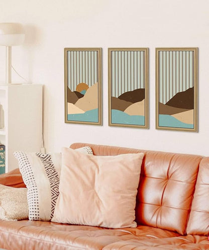 Putuo Decor Boho Mountain Wall Decor Set of 3, Mid Century Modern Wall Art Abstract Landscape Artwork with Sunset Striped Background Wall Hanging Sculptures for Living Room Bedroom Office 16x8in
