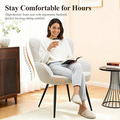 MALOL Mid-Century Sherpa Upholstered Accent Chair, Cozy Armchair with Curved Backrest, Sturdy Metal Legs, Soft Fabric Chair for Living Room, Bedroom & Reading Area,Beige