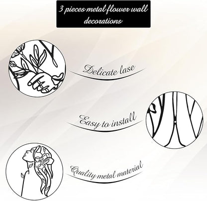 Photect 3 Pcs Metal Wall Art Decor Minimalist Abstract Woman Wall Art Metal Modern Line Drawing Decor Female Single Line Home Hanging for Bedroom Bathroom Living Room Housewarming(Stylish,Black)