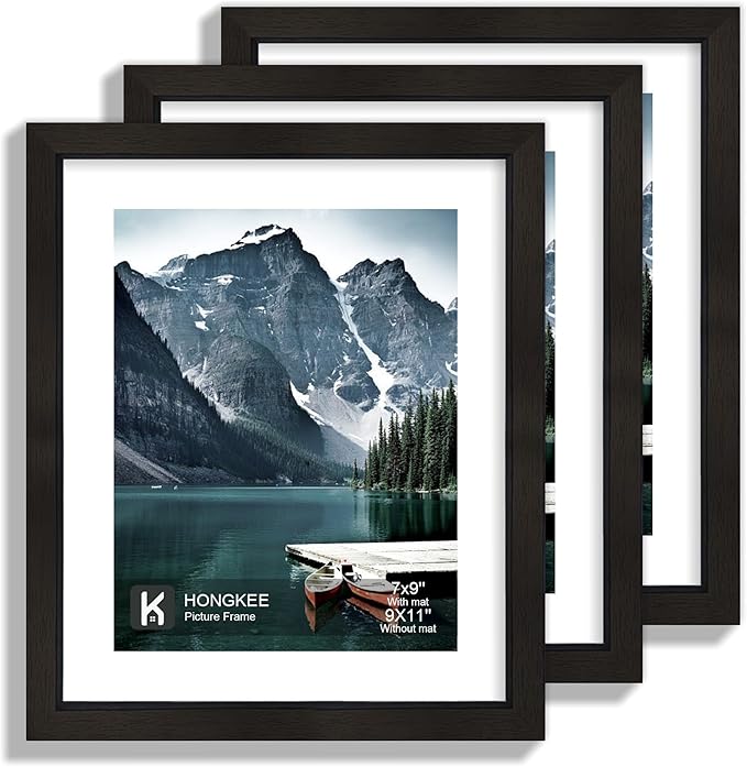 Hongkee 9x11 Picture Frame with Real Glass - Display Pictures 7x9 with Mat or 9x11 without Mat, Photo Frame for Wall or Table Top Display(Black, 3 Pack)