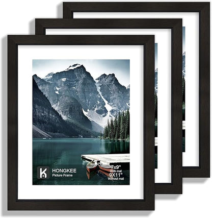 Hongkee 9x11 Picture Frame with Real Glass - Display Pictures 7x9 with Mat or 9x11 without Mat, Photo Frame for Wall or Table Top Display(Black, 3 Pack)