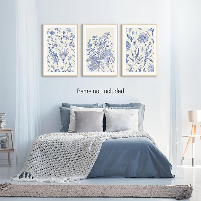 LYPHNX Blue White Chinoiserie Floral Poster Wall Art Navy Watercolor Flower Canva Painting Set of 3 Minimalist Botanical Wildflower Prints Picture Home Decor for Bedroom Living room 16"x24" UnFramed