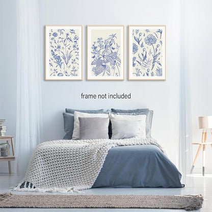 LYPHNX Blue White Chinoiserie Floral Poster Wall Art Navy Watercolor Flower Canva Painting Set of 3 Minimalist Botanical Wildflower Prints Picture Home Decor for Bedroom Living room 12"x16" UnFramed