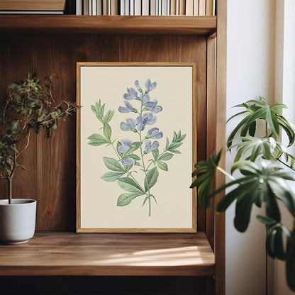crmotu Framed Wall Art for Living Room, Blue Floral Botanical Canvas Prints, Minimalist Flower Vintage Wall Decor, Pea Branch Leaf Wall Pictures for Bathroom Bedroom Above Bed Kitchen, 16x24 inch