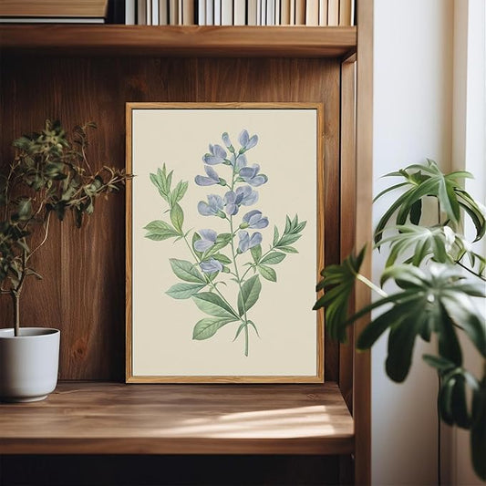 crmotu Framed Wall Art for Living Room, Blue Floral Botanical Canvas Prints, Minimalist Flower Vintage Wall Decor, Pea Branch Leaf Wall Pictures for Bathroom Bedroom Above Bed Kitchen, 16x24 inch