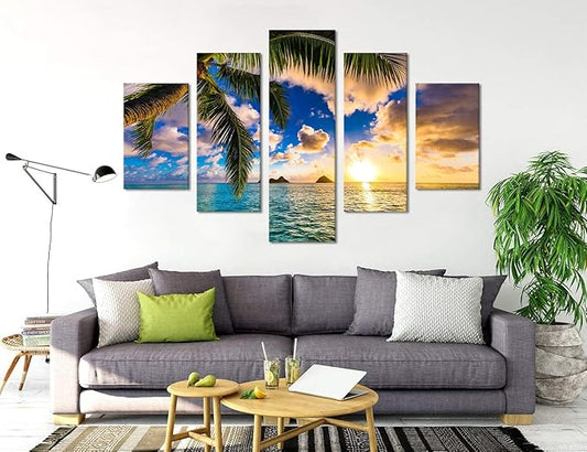 Large Ocean Canvas Wall Art Beach Sunrise Landscape Poster Modern Seascape Pictures HD Print on Canvas Framed Ocean Artwork for Living Room Kitchen Bedroom Wall Decorations Stretched Ready to Hang - 60''W x 40''H