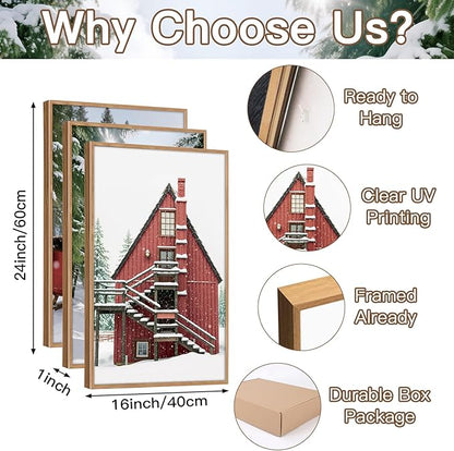 CHDITB Christmas Framed Canvas Wall Art(16"x24"), 3 Panels Farmhouse Winter Snow Forest Landscape Artwork Prints, Large Rustic Reindeer Sleigh Cabin Cottage Decor for Home Office Bedroom