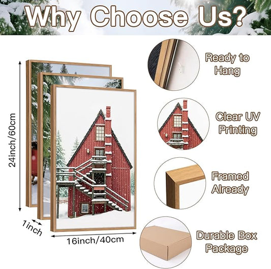 CHDITB Christmas Framed Canvas Wall Art(16"x24"), 3 Panels Farmhouse Winter Snow Forest Landscape Artwork Prints, Large Rustic Reindeer Sleigh Cabin Cottage Decor for Home Office Bedroom