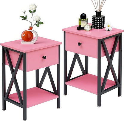 VECELO Nightstands, Modern Bedside End Tables Set of 2, Night Stand with Drawer and Storage Shelf for Living Room Bedroom, Industrial Metal Frame