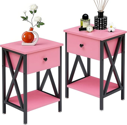 VECELO Nightstands, Modern Bedside End Tables Set of 2, Night Stand with Drawer and Storage Shelf for Living Room Bedroom, Industrial Metal Frame