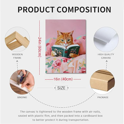Framed Vintage Cats Canvas Wall Art, Funny Animal Reading Books Poster Printing Pictures, Pink Cute Cat Lovers Wall Decor for Girls Room Bedroom Kids Room Living Room Bathroom 16x24 in