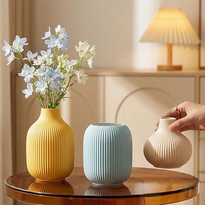 Colorful Small Ceramic Vases Set of 3, Matte Vertical Ribbed, Minimalist for Pampas Dried & Fresh Flowers, Centerpiece for Living Room,Shelf, Wedding (Light Blue, Mustard Yellow, Beige)
