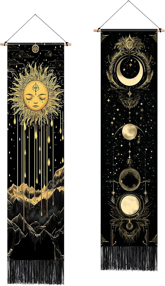 AOHMPT Pack of 2 Long Vertical Tapestry,Nature Landscape Tapestry with Serene Mountain River, Moon & Sun Motifs,Traditional Ink Painting Wall Art,Zen Aesthetic Wall Hanging for Living Room Bedroom Decor 13" W x 51" H"