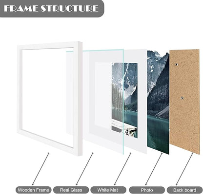 Hongkee 10x10 White Picture Frames set of 3, Made of Wooden and Real Glass Square Photo frame - Displays 8x8 Picture With Mat or 10 x 10 Without Mat, Desktop & Wall Collage Frame set