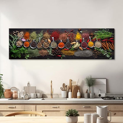 Large Colorful Kitchen Wall Art Spices Herb Food Picture for Dining Room Wall Decor Seasoning Herb Spoon Canvas Prints Poster Vintage Modern Family Bar Painting Artwork Home Decorations 14x48”