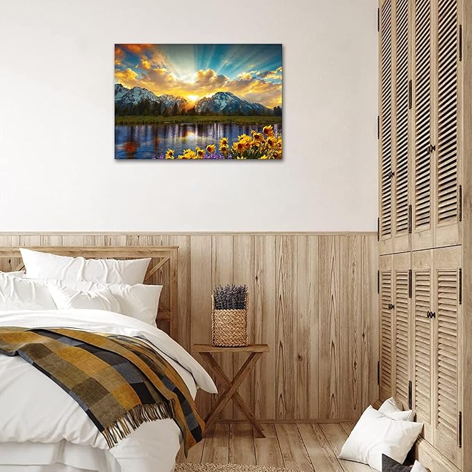 SKASNFAI Grand Teton National Park Wall Art Sunflower Landscape Canvas Mountain Artwork Landscape Print for Living Room Framed (12x16 inch)