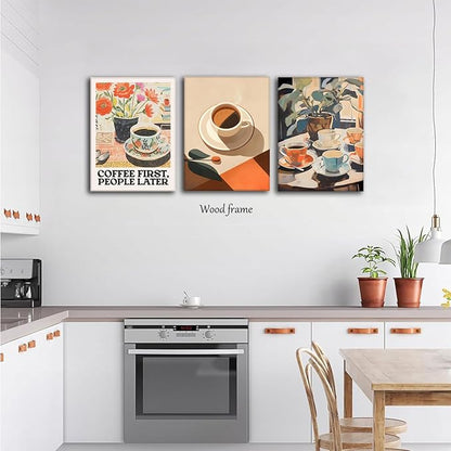 Vintage Coffee Kitchen Canvas Wall Art Set of 3, Fashion Aesthetic Flowers Espresso Poster Picture, Simple Travel Drinks Wall Decor Painting Prints for Dining Room Cafe Bar 16x24 Inch Framed