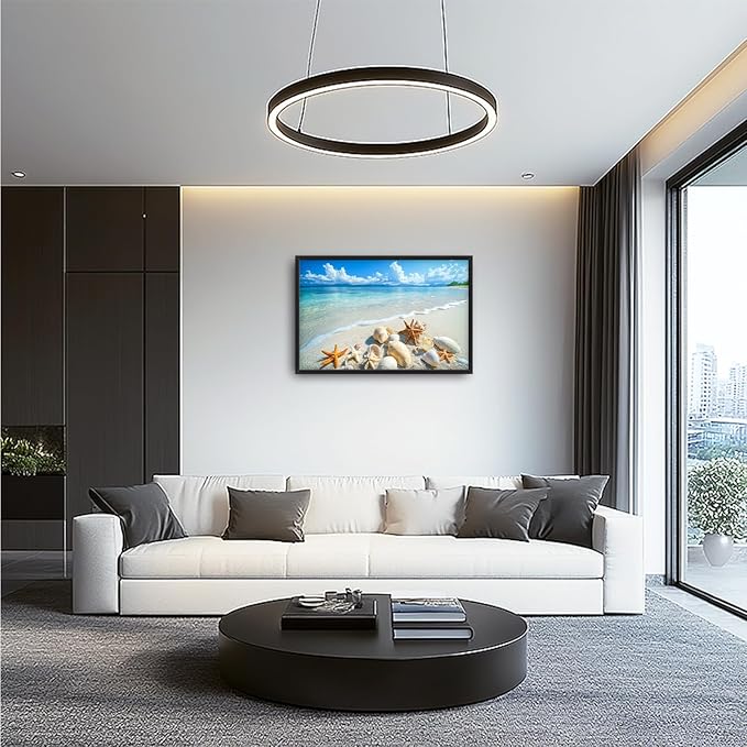 Ocean Large Wall Art for Living Room Beach Seashell Starfish Framed Canvas Decor Coastal Landscape Prints Painting Pictures Extra Large Seascape Artwork for Bedroom Home Decor Bathroom Kitchen 24"x36"