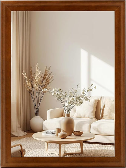 30 x 40 Inch Rustic Bathroom Mirror for Wall Over Sink, Farmhouse Wood Framed Brown Rectangle Mirrors with Tempered Glass for Living Room, Horizontal/Vertical Hanging