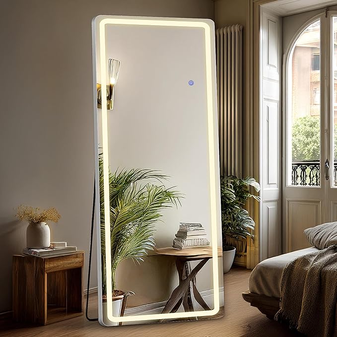DUMOS LED Full Length Floor Mirror, 20"×63" Full Body Standing Mirror with Lights, 3 Color Lighting, Hanging or Leaning, Wall Mounted, Modern Simple Home Wall Decor, White