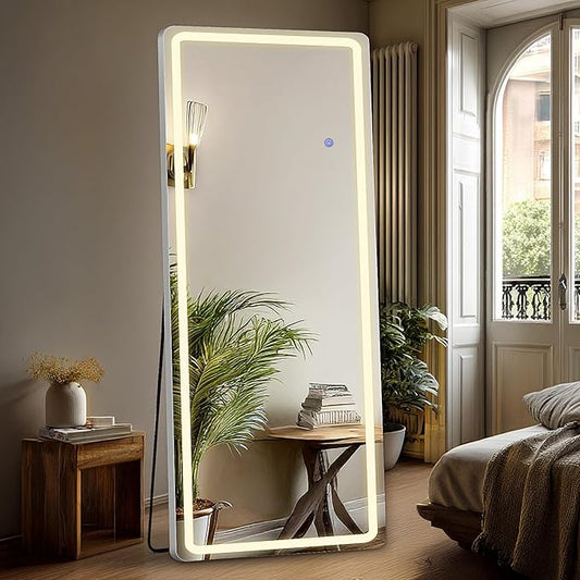 DUMOS LED Full Length Floor Mirror, 20"×63" Full Body Standing Mirror with Lights, 3 Color Lighting, Hanging or Leaning, Wall Mounted, Modern Simple Home Wall Decor, White