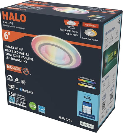 HALO 6 in Dual Zone Smart Wi-Fi Canless LED Ceiling Light Fixture 4-Pack Connected by WiZ Pro, Dimmable, Full Color, SpaceSense Motion Detection - RLWZDZC6-4PK