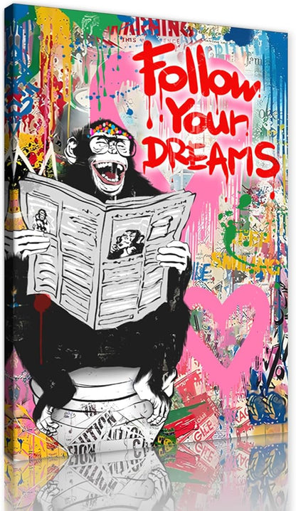 Banksy Graffiti Canvas Wall Art Inspirational Follow Your Dreams Poster for Mens Room Decor Monkey on Toilet Pictures Modern Painting HD Print Framed Artwork Ready to Hang 24x36inch