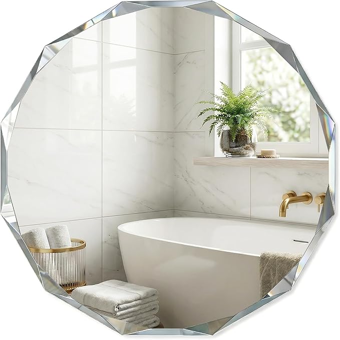 Frameless Round Bathroom Mirror 30x30 Inch with Beveled Edge, Modern Vanity Wall Mirror