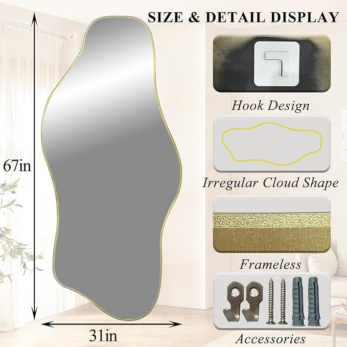 Irregular Mirror Full Length, 67"x31" Large Asymmetrical Tempered Glass Mirror, Gold Organic Frameless Wall Mirrors for Living Room Bedroom Hallway Entryway, Horizontal or Vertical Hanging