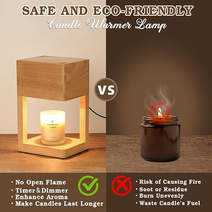 Candle Warmer Lamp Wood with Timer, Dimmable Electric Candle Lamp Warmer for Jar Candles, 2*35 Watt Bulb, Mothers Day Birthday Gifts for Women Mom, Decorative Wooden Candle Lamp for Bedroom Home Decor
