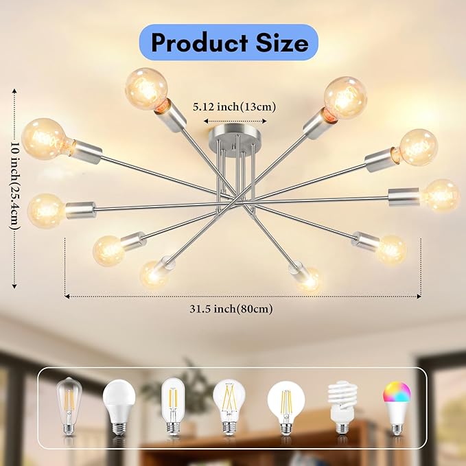 Semi Flush Mount Ceiling Light Fixture, 10-Light Modern Brushed Nickel Sputnik Chandelier Industrial Ceiling Lamp for Kitchen Dining Room Living Room Bedroom Foyer