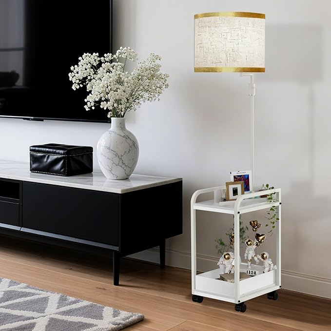 Lightdot 63IN Floor Lamps with Table&Basket, Modern Standing Tall Lamps with Adjustable Fabric Shade and Movable Casters, End Table Lamp for Living Room/Sofa Beside/Corner Decor-White(Bulb Included)