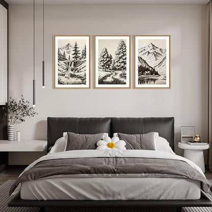 HOURIA Vintage Sketch Pine Tree Mountain Framed Canvas Wall Art Set,Moody Retro Antique Wilderness Botanical Ridge Decor,Modern Natural Black White Artwork for Living Room,Bedroom,Farmhouse- 16"x24"x3
