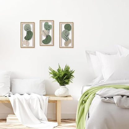 HPNIUB 3 PCS Minimalist Floral Wall Decor, Boho Green Geometric Hanging Wood Sign for Living Room, 8x16Inch Modern Bohemian Botanical Leaf Wooden Plaque for Apartment Bedroom Office Decoration
