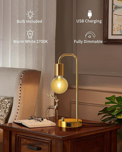 ONEWISH Industrial Table Lamp Set of 2 with USB A&C Charging Port, Stepless Dimmable Nightstand Bedside Lamps for Bedroom,Desk Lamps with 2700K Gold Gradient Bulb for Reading Living Room