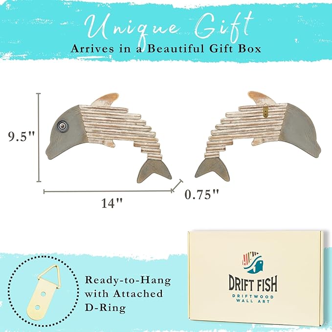 Handmade Driftwood Dolphin Nautical Wall Decor - 14" x 9.5" Wooden Rustic Coastal Wall Art for Living Room, Bedroom, Office, Bathroom - Ocean Beach Decoration (Skipper)