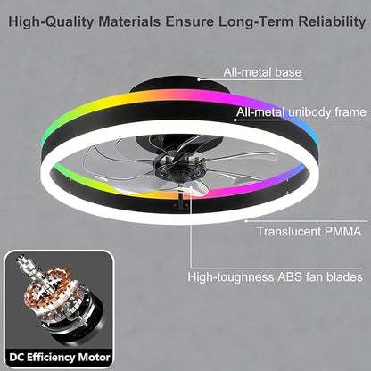 RGBCW Ceiling Fan with Light, 20" Flush Mount Low Profile Smart Fan Light with App & Remote Control, 6 Speeds Reversible, 3CCT Dimmable LED Bladeless Fandelier Quiet DC Motor for Bedroom Living Room