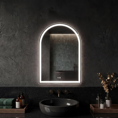 DUMOS 20"×28" LED Bathroom Mirror with Lights, Arched Vanity Mirror with Anti-Fog, Dimmable, 3-Color Light, Memory Function, Front Light and Backlit, Tempered Glass