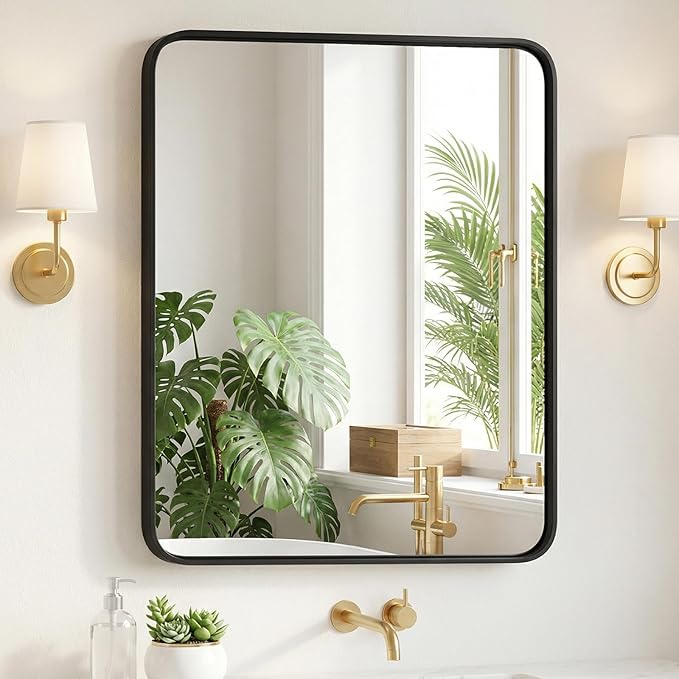 Sweetcrispy Bathroom Wall Mirror, 36x30 Inch Wall Mount Mirror for Over Sink, Modern Rounded Rectangle Vanity Mirror with Matte Metal Framed, for Home Decor, Living Room, Bedroom, Black