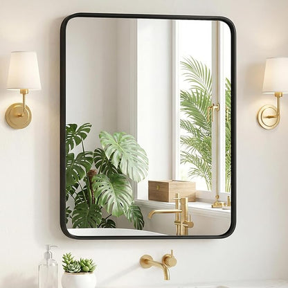 Sweetcrispy Bathroom Wall Mirror, 36x30 Inch Wall Mount Mirror for Over Sink, Modern Rounded Rectangle Vanity Mirror with Matte Metal Framed, for Home Decor, Living Room, Bedroom, Black