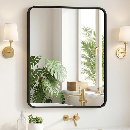 Sweetcrispy Bathroom Wall Mirror, 36x30 Inch Wall Mount Mirror for Over Sink, Modern Rounded Rectangle Vanity Mirror with Matte Metal Framed, for Home Decor, Living Room, Bedroom, Black