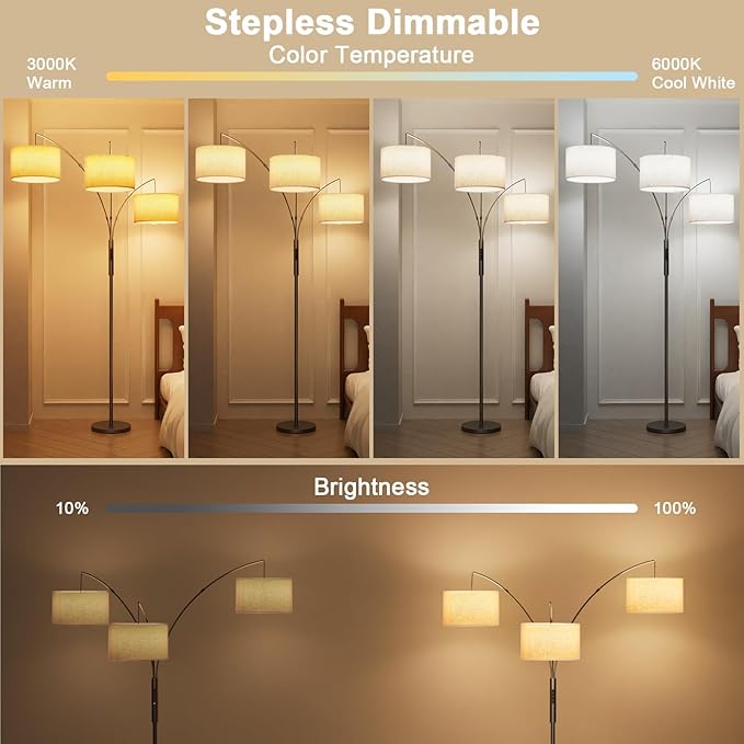 SIBRILLE 36W Corner Floor Lamp Dimmable - 3 Lights Arc Floor Lamps Standing Lamp with Remote & Touch Control, Tall Lamp for Living Room Corner, Bedroom, Office