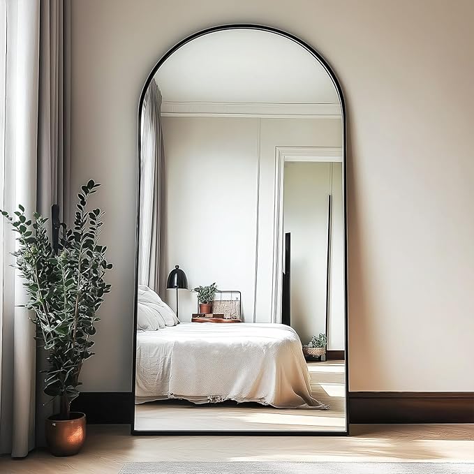 Full Length Mirror, 71''x30'' Floor Mirror with Stand, Arched Wall Mounted Mirror, Large Full Body Mirror with Aluminum Frame Hanging or Leaning for Bedroom, Living Room, Cloakroom (Black)