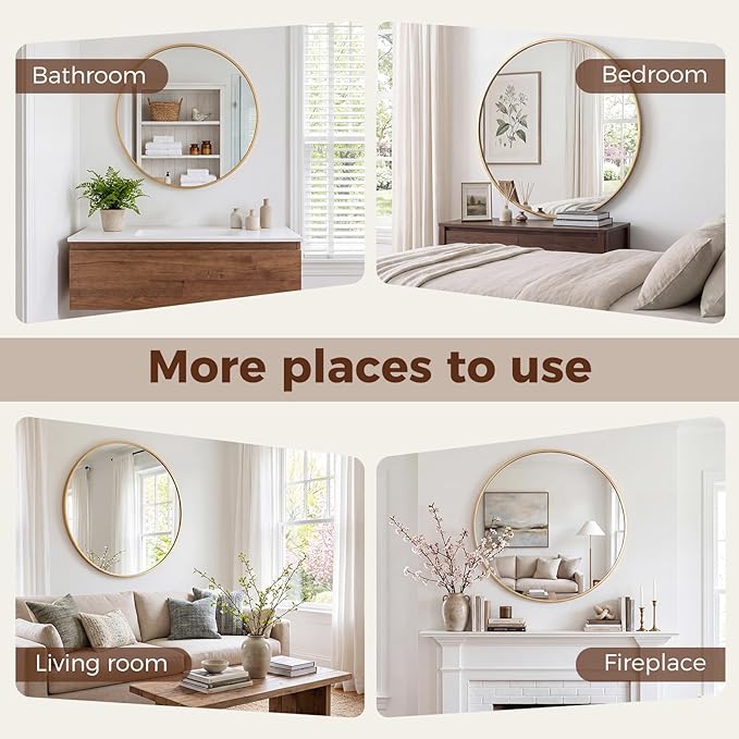 NEWBULIG 30 Inch Round Wall Mirror, Bathroom Mirror for Over Sink, Matte Metal Framed Circle Vanity Mirror, Wall Decor for Bedroom, Anti-Rust, Tempered Glass, Hanging or Leaning, Classic Gold