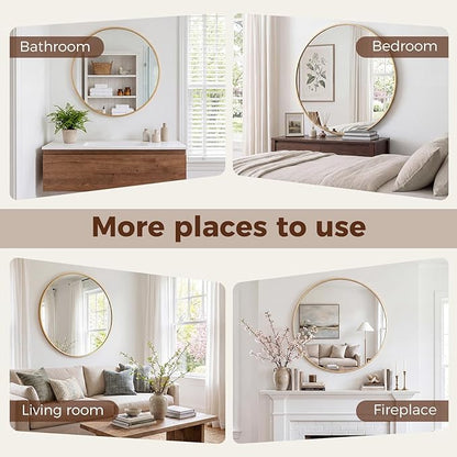 NEWBULIG 24 Inch Round Wall Mirror, Bathroom Mirror for Over Sink, Matte Metal Framed Circle Vanity Mirror, Wall Decor for Bedroom, Anti-Rust, Tempered Glass, Hanging or Leaning, Classic Gold