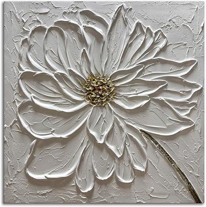 Slyart Hand Paintings 3D Floral Canvas Wall Art 24x24 Inches Abstract White Flower Paintings Modern Contemporary Texture Wall Art White Artwork for Home Decorations