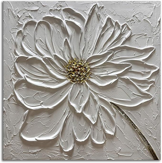 Slyart Hand Paintings 3D Floral Canvas Wall Art 24x24 Inches Abstract White Flower Paintings Modern Contemporary Texture Wall Art White Artwork for Home Decorations