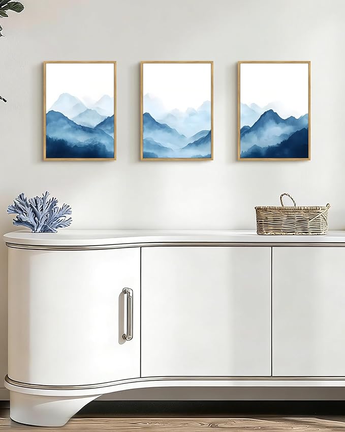 Drsoum Blue Fog Mountains Landscape Wall Art Framed Vintage Nature Misty Nordic Prints Ink Wash Watercolor Boho Farmhouse Rustic Artwork Hallway Bedroom Ready to Hang 11x14in Natural Framed